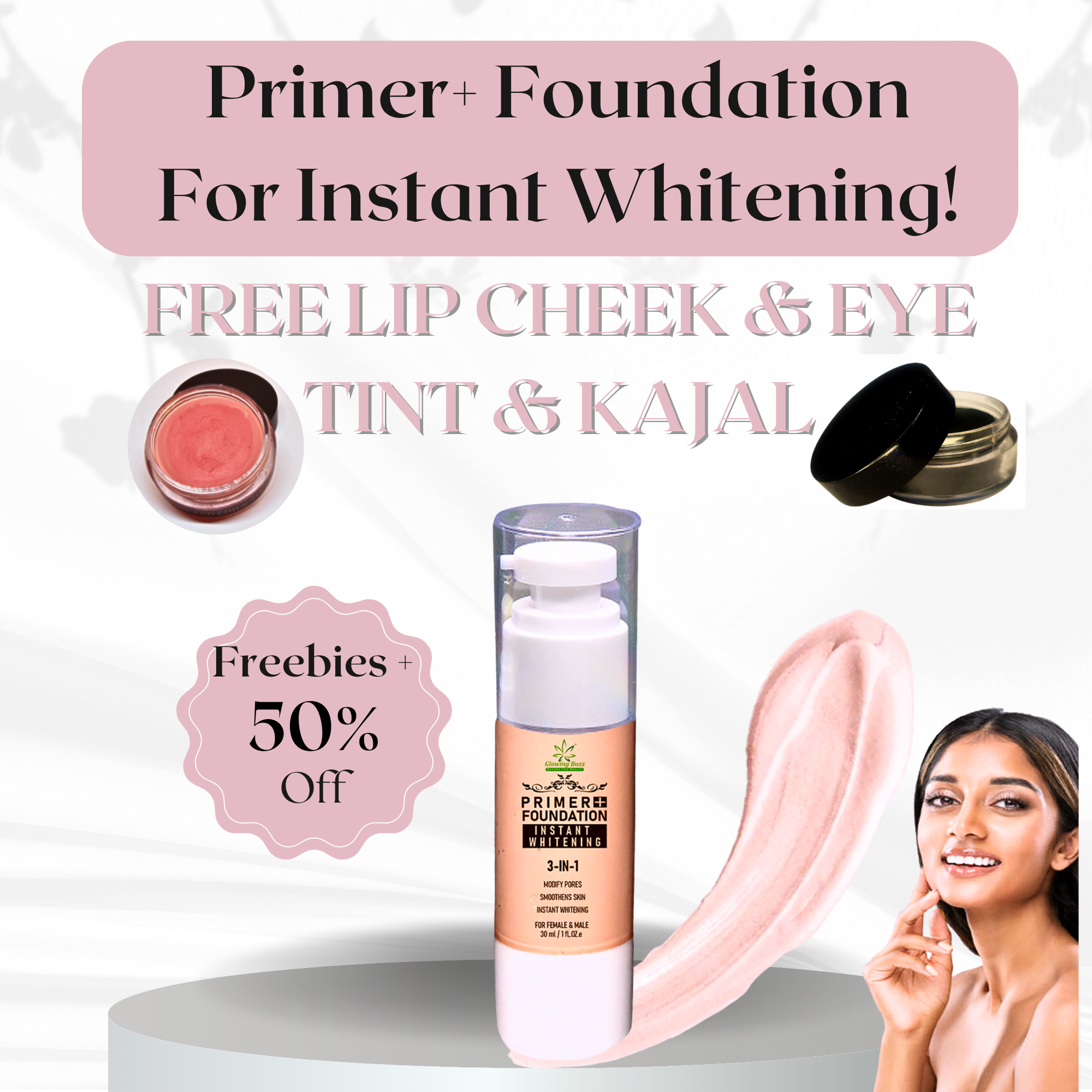 3 in 1 Primer Plus Foundation Instant Whitening 30 ml FREE LIP